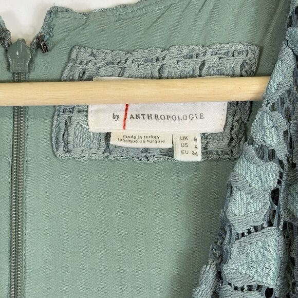 Anthropologie Seafoam Green Lace Overlay Romantic Ruffle Midi Dress Women's 4 - Picture 8 of 9